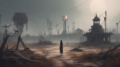 A barren, post-apocalyptic landscape with skeletal ruins, overgrown gardens, and a lone figure standing amidst the desolation, surrounded by flickering lanterns and a distant hint of a broken clock tower.