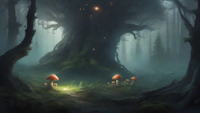 A bleak, mystical forest, where ancient trees loom over a clearing, surrounded by a ring of mushrooms, and a faint glow emanates from a lone, glowing artifact, pulsing with an otherworldly energy.