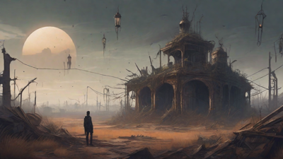 A barren, post-apocalyptic landscape with skeletal ruins, overgrown gardens, and a lone figure standing amidst the desolation, surrounded by flickering lanterns and a distant hint of a broken clock tower.