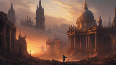 A hauntingly beautiful, ruined cityscape, with crumbling spires and grand architecture, set against a backdrop of a perpetual, golden sunset, with a lone figure dancing amidst the ruins.