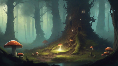 A bleak, mystical forest, where ancient trees loom over a clearing, surrounded by a ring of mushrooms, and a faint glow emanates from a lone, glowing artifact, pulsing with an otherworldly energy.
