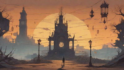 Barren wasteland, skeletal ruins, overgrown gardens, lone figure, flickering lanterns, and a broken clock tower in the distance, set against a perpetual golden sunset.