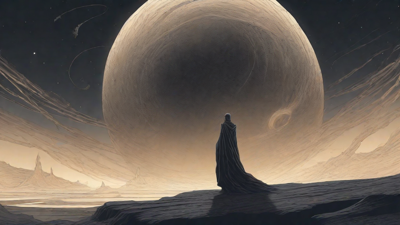 In the depths of a swirling void, a lone figure stands at the precipice, illuminated only by the faint glow of a dying star, as they embark on a perilous journey through the abyss towards an unknown destination.
