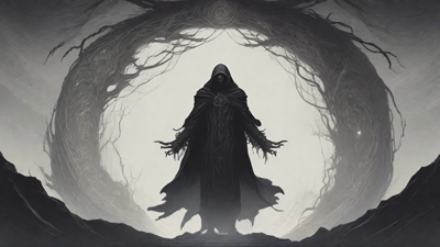 Guided by the void's dark whispers, a lone traveler ventures into the abyss, navigating through a realm of eternal darkness, guided by an unknown force that seeks rebirth and liberation from the void's grasp.
