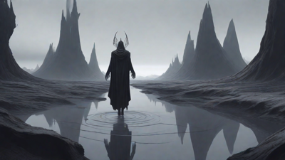 As the void's abyssal silence envelops them, a figure stands at the edge, their footsteps echoing through the void, guided by an unseen power that pushes them towards an otherworldly realm, where eternal rebirth awaits.