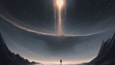 In a swirling void, a lone figure stands on the abyssal precipice, illuminated by the dying star, as they embark on a perilous journey through eternal darkness towards an unknown and mysterious destination.