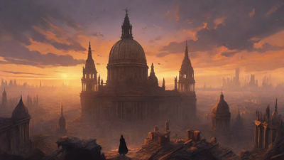 A hauntingly beautiful, ruined cityscape, with crumbling spires and grand architecture, set against a backdrop of a perpetual, golden sunset, with a lone figure dancing amidst the ruins.