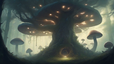 A bleak, mystical forest, where ancient trees loom over a clearing, surrounded by a ring of mushrooms, and a faint glow emanates from a lone, glowing artifact, pulsing with an otherworldly energy.