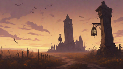Barren wasteland, skeletal ruins, overgrown gardens, lone figure, flickering lanterns, and a broken clock tower in the distance, set against a perpetual golden sunset.