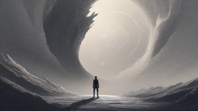 In the depths of a swirling void, a lone figure stands at the precipice, illuminated only by the faint glow of a dying star, as they embark on a perilous journey through the abyss towards an unknown destination.