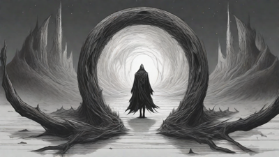Guided by the void's dark whispers, a lone traveler ventures into the abyss, navigating through a realm of eternal darkness, guided by an unknown force that seeks rebirth and liberation from the void's grasp.