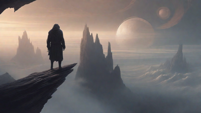 In a swirling void, a lone figure stands on the abyssal precipice, illuminated by the dying star, as they embark on a perilous journey through eternal darkness towards an unknown and mysterious destination.