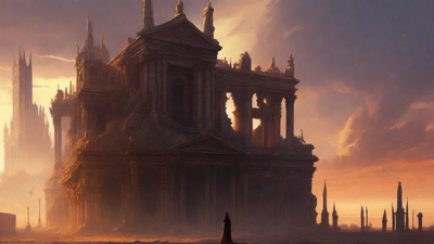 A hauntingly beautiful, ruined cityscape, with crumbling spires and grand architecture, set against a backdrop of a perpetual, golden sunset, with a lone figure dancing amidst the ruins.