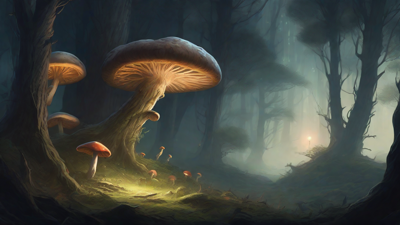 A bleak, mystical forest, where ancient trees loom over a clearing, surrounded by a ring of mushrooms, and a faint glow emanates from a lone, glowing artifact, pulsing with an otherworldly energy.