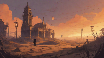 Barren wasteland, skeletal ruins, overgrown gardens, lone figure, flickering lanterns, and a broken clock tower in the distance, set against a perpetual golden sunset.
