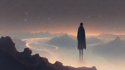 In the depths of a swirling void, a lone figure stands at the precipice, illuminated only by the faint glow of a dying star, as they embark on a perilous journey through the abyss towards an unknown destination.