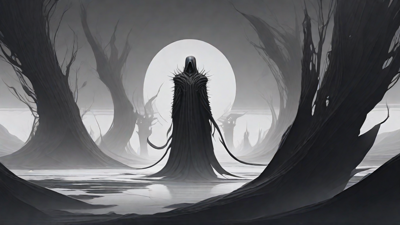 As the void's abyssal silence envelops them, a figure stands at the edge, their footsteps echoing through the void, guided by an unseen power that pushes them towards an otherworldly realm, where eternal rebirth awaits.
