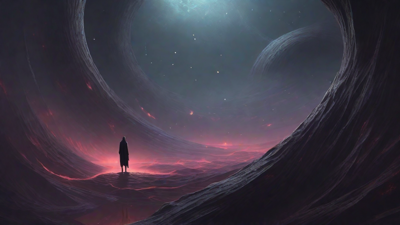 In a swirling void, a lone figure stands on the abyssal precipice, illuminated by the dying star, as they embark on a perilous journey through eternal darkness towards an unknown and mysterious destination.