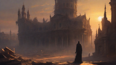 A hauntingly beautiful, ruined cityscape, with crumbling spires and grand architecture, set against a backdrop of a perpetual, golden sunset, with a lone figure dancing amidst the ruins.