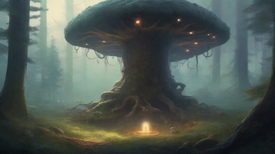 A bleak, mystical forest, where ancient trees loom over a clearing, surrounded by a ring of mushrooms, and a faint glow emanates from a lone, glowing artifact, pulsing with an otherworldly energy.
