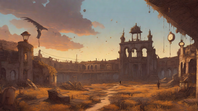 Barren wasteland, skeletal ruins, overgrown gardens, lone figure, flickering lanterns, and a broken clock tower in the distance, set against a perpetual golden sunset.