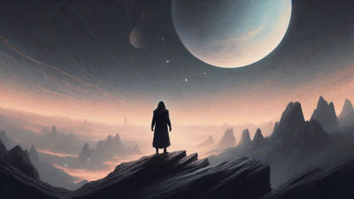 In the depths of a swirling void, a lone figure stands at the precipice, illuminated only by the faint glow of a dying star, as they embark on a perilous journey through the abyss towards an unknown destination.