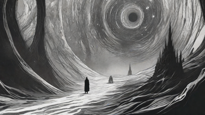 Guided by the void's dark whispers, a lone traveler ventures into the abyss, navigating through a realm of eternal darkness, guided by an unknown force that seeks rebirth and liberation from the void's grasp.