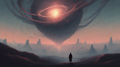 In a swirling void, a lone figure stands on the abyssal precipice, illuminated by the dying star, as they embark on a perilous journey through eternal darkness towards an unknown and mysterious destination.