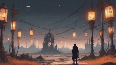 A barren, post-apocalyptic landscape with skeletal ruins, overgrown gardens, and a lone figure standing amidst the desolation, surrounded by flickering lanterns and a distant hint of a broken clock tower.