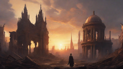 A hauntingly beautiful, ruined cityscape, with crumbling spires and grand architecture, set against a backdrop of a perpetual, golden sunset, with a lone figure dancing amidst the ruins.