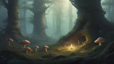 A bleak, mystical forest, where ancient trees loom over a clearing, surrounded by a ring of mushrooms, and a faint glow emanates from a lone, glowing artifact, pulsing with an otherworldly energy.