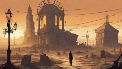 Barren wasteland, skeletal ruins, overgrown gardens, lone figure, flickering lanterns, and a broken clock tower in the distance, set against a perpetual golden sunset.