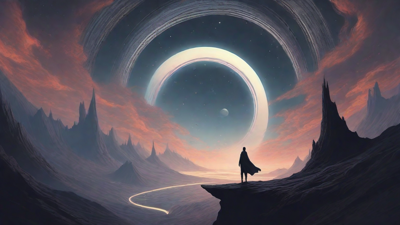 In the depths of a swirling void, a lone figure stands at the precipice, illuminated only by the faint glow of a dying star, as they embark on a perilous journey through the abyss towards an unknown destination.