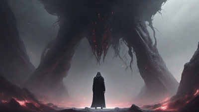 As the void's abyssal silence envelops them, a figure stands at the edge, their footsteps echoing through the void, guided by an unseen power that pushes them towards an otherworldly realm, where eternal rebirth awaits.