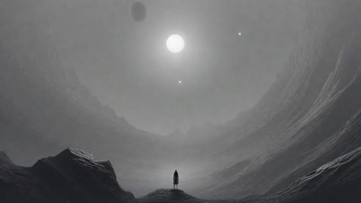 In a swirling void, a lone figure stands on the abyssal precipice, illuminated by the dying star, as they embark on a perilous journey through eternal darkness towards an unknown and mysterious destination.