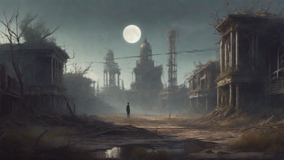 A barren, post-apocalyptic landscape with skeletal ruins, overgrown gardens, and a lone figure standing amidst the desolation, surrounded by flickering lanterns and a distant hint of a broken clock tower.