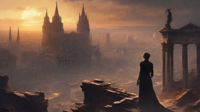 A hauntingly beautiful, ruined cityscape, with crumbling spires and grand architecture, set against a backdrop of a perpetual, golden sunset, with a lone figure dancing amidst the ruins.