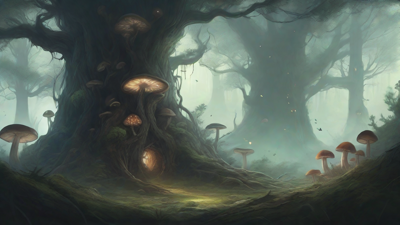 A bleak, mystical forest, where ancient trees loom over a clearing, surrounded by a ring of mushrooms, and a faint glow emanates from a lone, glowing artifact, pulsing with an otherworldly energy.
