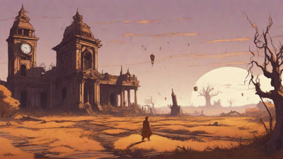 Barren wasteland, skeletal ruins, overgrown gardens, lone figure, flickering lanterns, and a broken clock tower in the distance, set against a perpetual golden sunset.