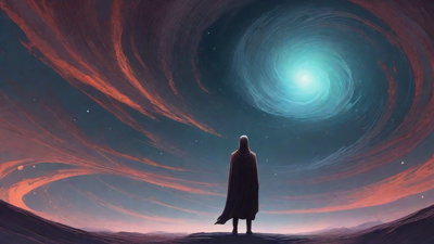 In the depths of a swirling void, a lone figure stands at the precipice, illuminated only by the faint glow of a dying star, as they embark on a perilous journey through the abyss towards an unknown destination.