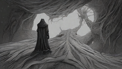 Guided by the void's dark whispers, a lone traveler ventures into the abyss, navigating through a realm of eternal darkness, guided by an unknown force that seeks rebirth and liberation from the void's grasp.