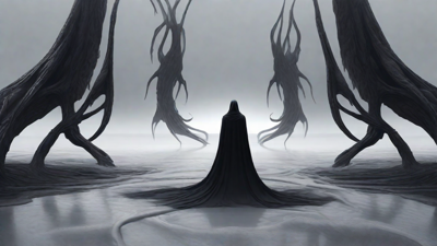 As the void's abyssal silence envelops them, a figure stands at the edge, their footsteps echoing through the void, guided by an unseen power that pushes them towards an otherworldly realm, where eternal rebirth awaits.