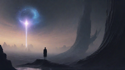 In a swirling void, a lone figure stands on the abyssal precipice, illuminated by the dying star, as they embark on a perilous journey through eternal darkness towards an unknown and mysterious destination.