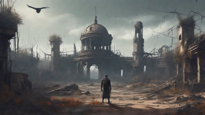 A barren, post-apocalyptic landscape with skeletal ruins, overgrown gardens, and a lone figure standing amidst the desolation, surrounded by flickering lanterns and a distant hint of a broken clock tower.