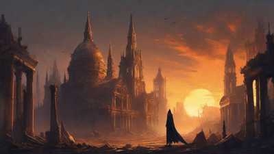 A hauntingly beautiful, ruined cityscape, with crumbling spires and grand architecture, set against a backdrop of a perpetual, golden sunset, with a lone figure dancing amidst the ruins.