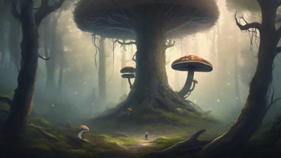A bleak, mystical forest, where ancient trees loom over a clearing, surrounded by a ring of mushrooms, and a faint glow emanates from a lone, glowing artifact, pulsing with an otherworldly energy.