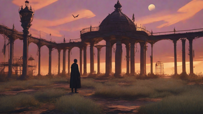 Barren wasteland, skeletal ruins, overgrown gardens, lone figure, flickering lanterns, and a broken clock tower in the distance, set against a perpetual golden sunset.