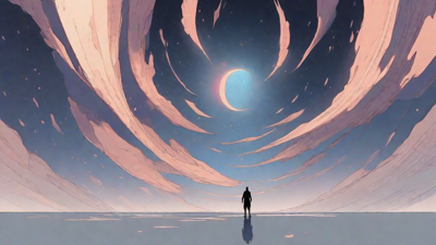 In the depths of a swirling void, a lone figure stands at the precipice, illuminated only by the faint glow of a dying star, as they embark on a perilous journey through the abyss towards an unknown destination.