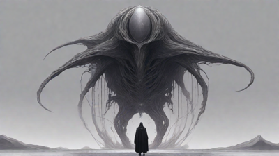 As the void's abyssal silence envelops them, a figure stands at the edge, their footsteps echoing through the void, guided by an unseen power that pushes them towards an otherworldly realm, where eternal rebirth awaits.