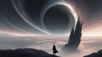 In a swirling void, a lone figure stands on the abyssal precipice, illuminated by the dying star, as they embark on a perilous journey through eternal darkness towards an unknown and mysterious destination.